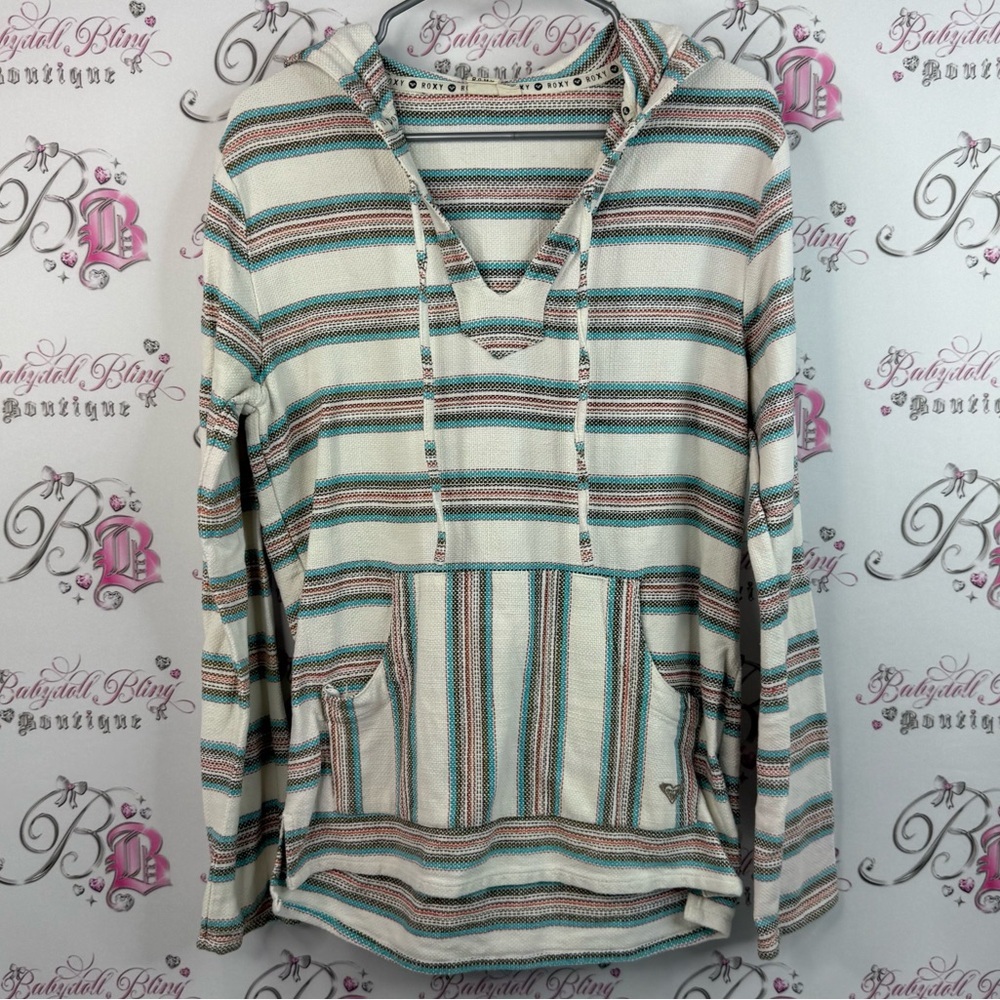 Roxy hoodie sweater pull over blue cream Striped Hoodie with Front Pocket
